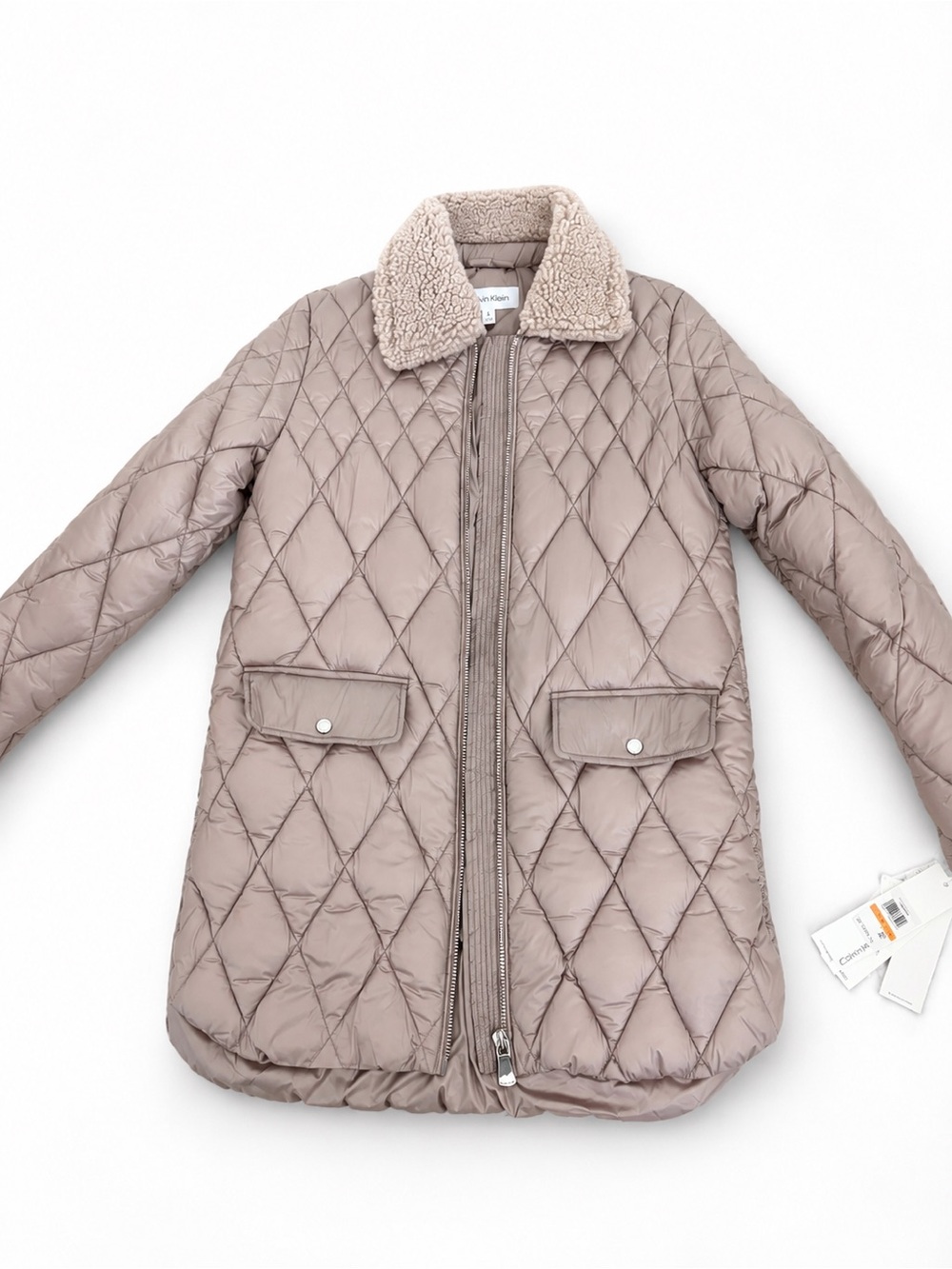 Calvin Klein Quilted Taupe Puffer Jacket with Sherpa Collar